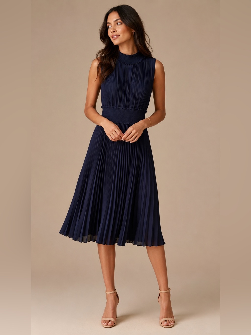 Nannette Lepore Navy Pleated Mock Neck | Midi Dress | Size 4